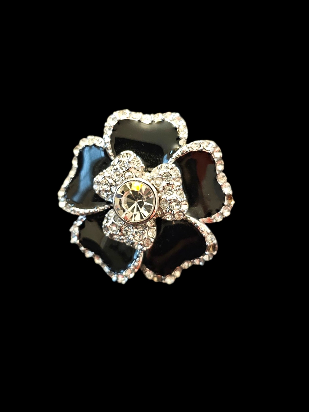 Black Crystal Flower Ring with Clear Rhinestone Accents - Women Jewelry
